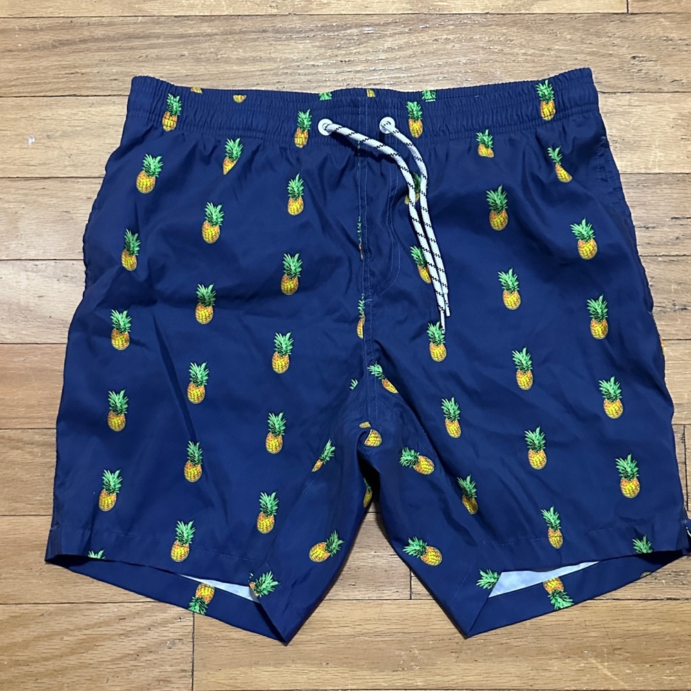 Navy Pineapple Print Swim Trunks